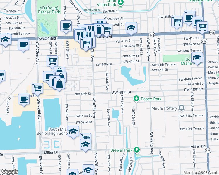 map of restaurants, bars, coffee shops, grocery stores, and more near 6510 Southwest 47th Street in Miami