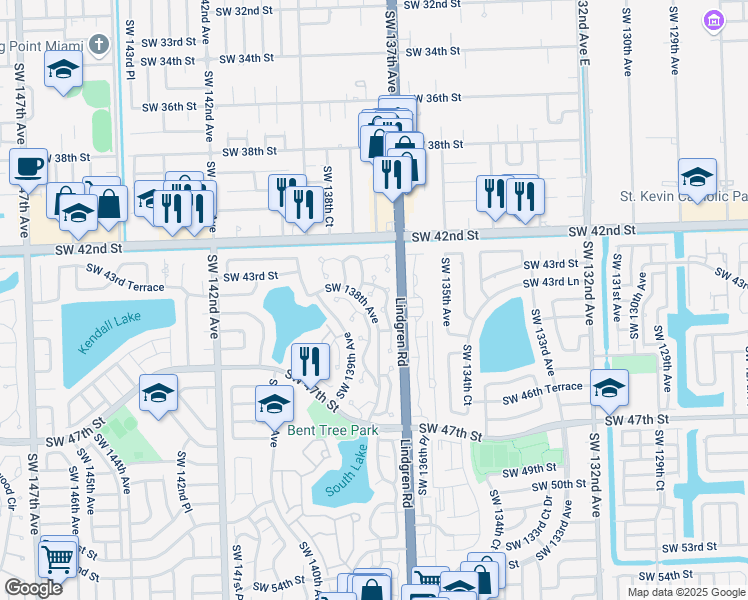 map of restaurants, bars, coffee shops, grocery stores, and more near 4244 Southwest 137th Court in Miami