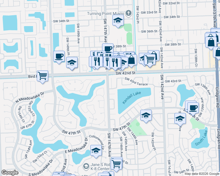 map of restaurants, bars, coffee shops, grocery stores, and more near 14690 Southwest 44th Street in Miami