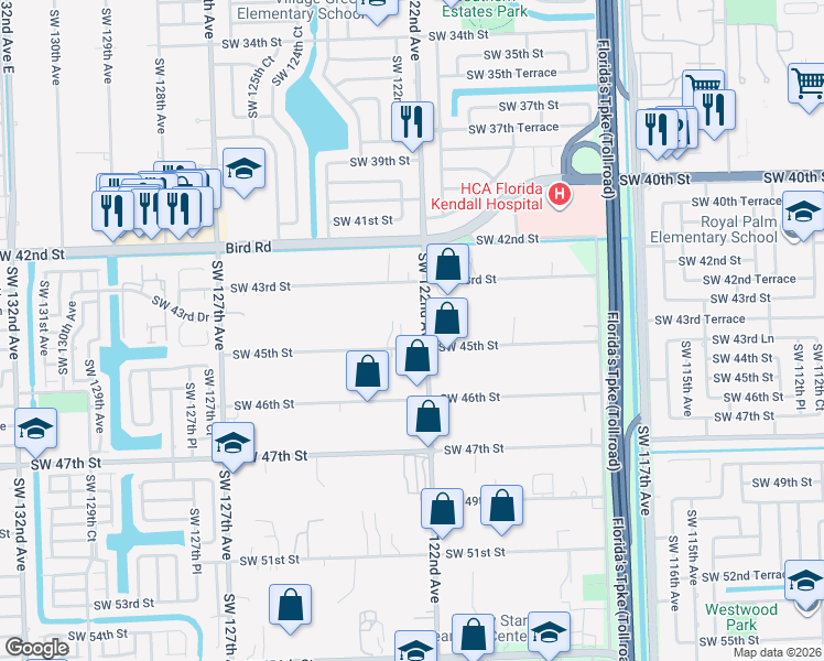 map of restaurants, bars, coffee shops, grocery stores, and more near 12255 Southwest 45th Street in Miami