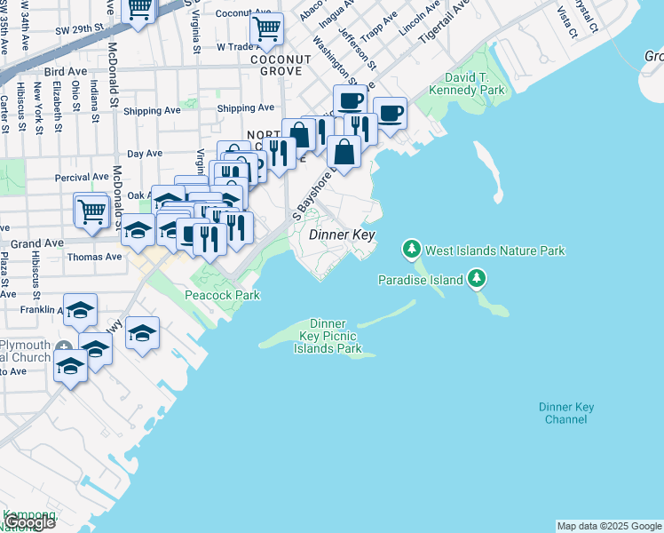 map of restaurants, bars, coffee shops, grocery stores, and more near 3400 Pan American Drive in Miami