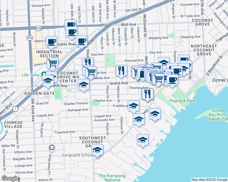 map of restaurants, bars, coffee shops, grocery stores, and more near 3521 William Avenue in Miami