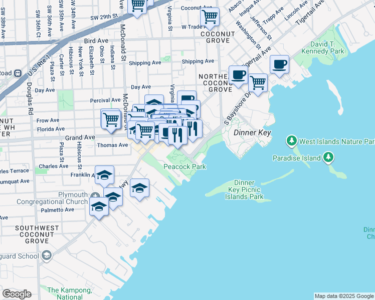 map of restaurants, bars, coffee shops, grocery stores, and more near 2820 McFarlane Road in Miami