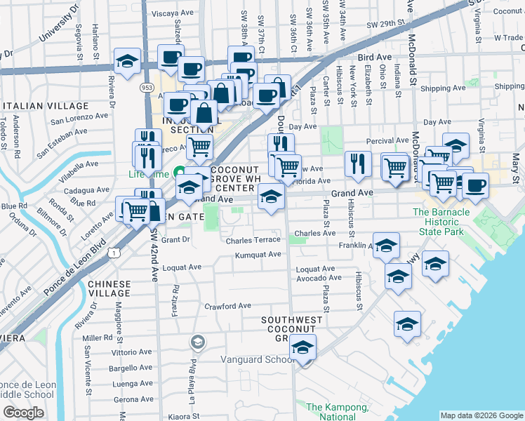 map of restaurants, bars, coffee shops, grocery stores, and more near 3745 Thomas Avenue in Miami
