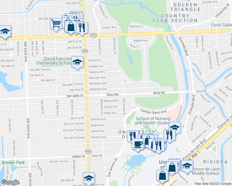 map of restaurants, bars, coffee shops, grocery stores, and more near 1425 Blue Road in Coral Gables