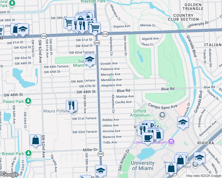 map of restaurants, bars, coffee shops, grocery stores, and more near 4800 Alhambra Circle in Coral Gables