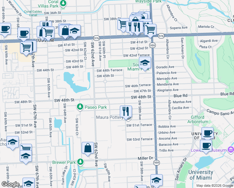 map of restaurants, bars, coffee shops, grocery stores, and more near 5971 Southwest 48th Street in Miami