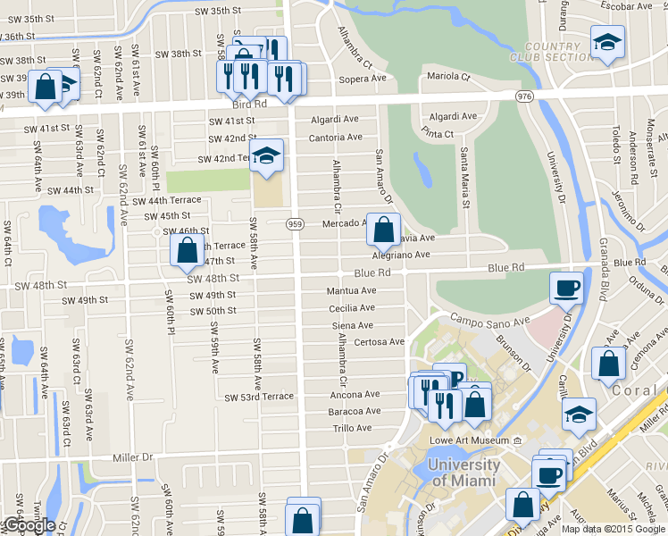 map of restaurants, bars, coffee shops, grocery stores, and more near 4750 Alhambra Circle in Coral Gables