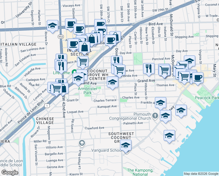 map of restaurants, bars, coffee shops, grocery stores, and more near 3745 Thomas Avenue in Miami
