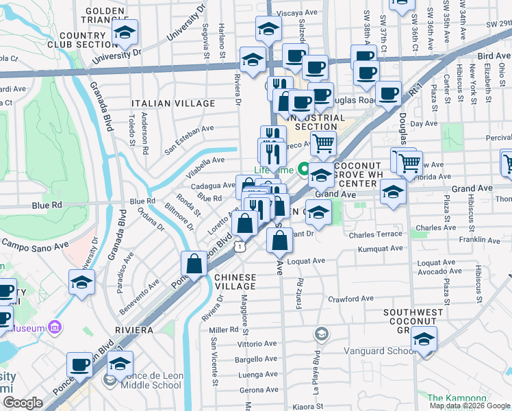 map of restaurants, bars, coffee shops, grocery stores, and more near 4649 Ponce de Leon in Coral Gables