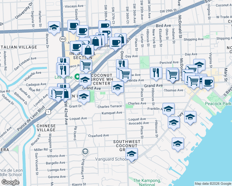 map of restaurants, bars, coffee shops, grocery stores, and more near 3745 Thomas Avenue in Miami