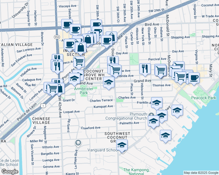 map of restaurants, bars, coffee shops, grocery stores, and more near 3745 Thomas Avenue in Miami