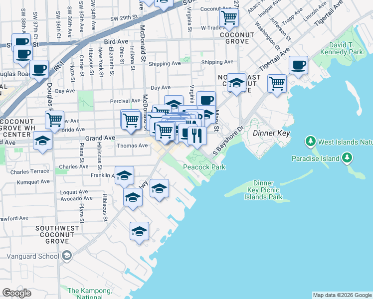 map of restaurants, bars, coffee shops, grocery stores, and more near 2750 McFarlane Road in Miami