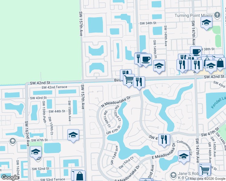 map of restaurants, bars, coffee shops, grocery stores, and more near 4265 Southwest 154th Avenue in Miami