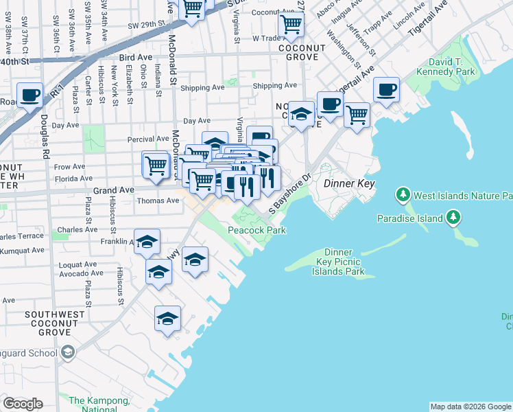 map of restaurants, bars, coffee shops, grocery stores, and more near 2820 McFarlane Road in Miami