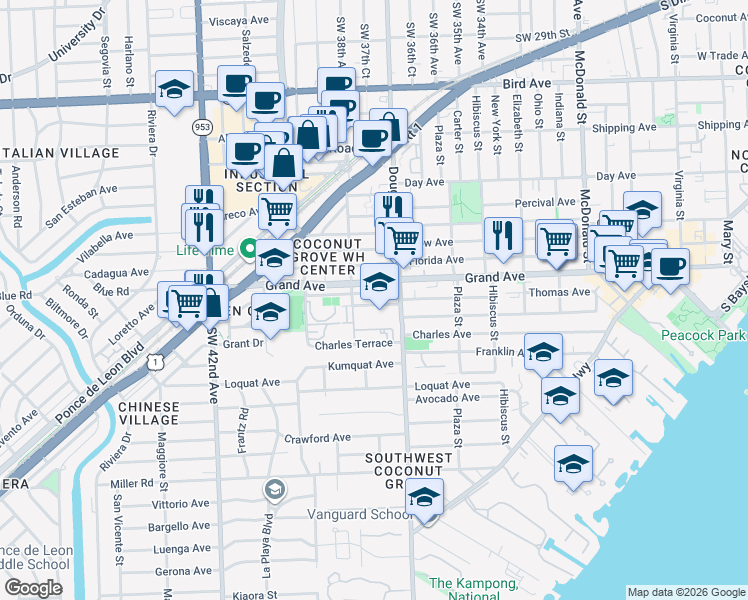 map of restaurants, bars, coffee shops, grocery stores, and more near 3745 Thomas Avenue in Miami