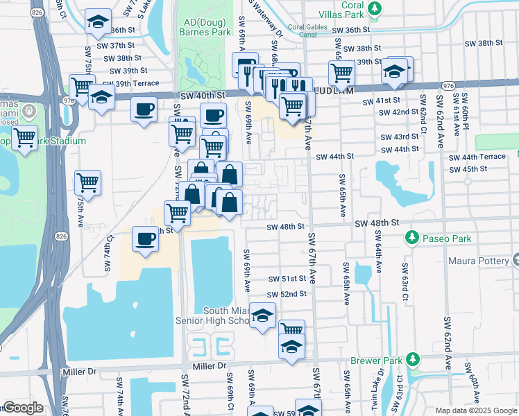 map of restaurants, bars, coffee shops, grocery stores, and more near 4708 Southwest 67th Avenue in Miami