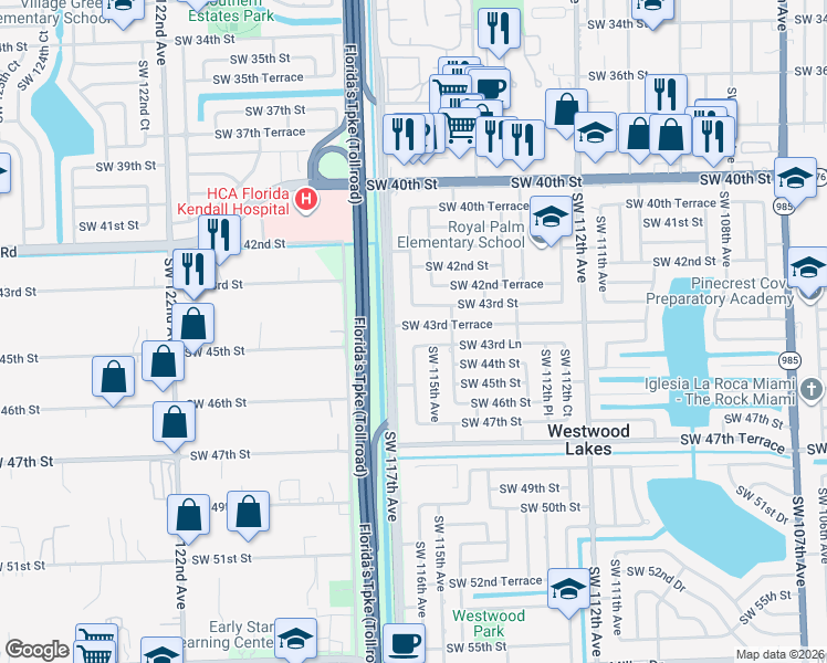 map of restaurants, bars, coffee shops, grocery stores, and more near 11525 SW 43rd Ln in Miami