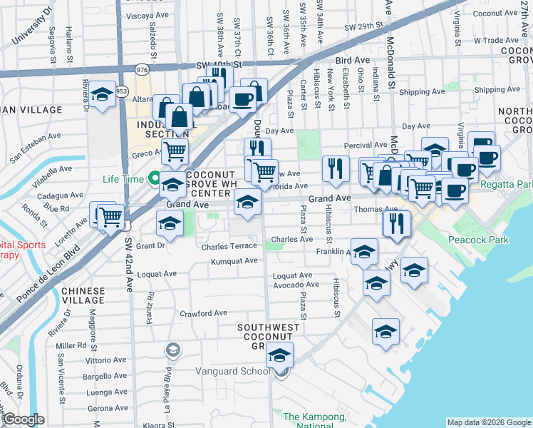 map of restaurants, bars, coffee shops, grocery stores, and more near 3661 Thomas Avenue in Miami
