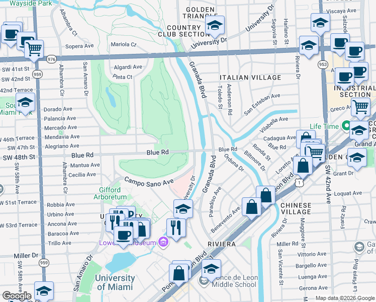 map of restaurants, bars, coffee shops, grocery stores, and more near 1130 Blue Road in Coral Gables