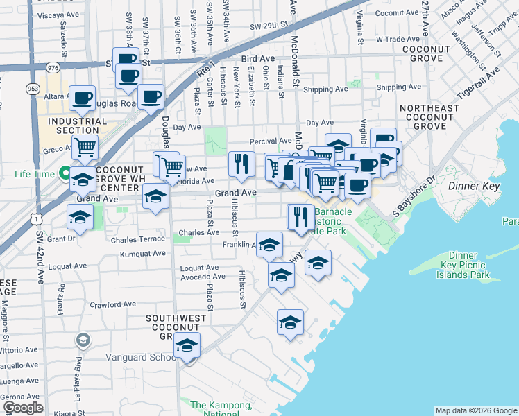 map of restaurants, bars, coffee shops, grocery stores, and more near 3401 William Avenue in Miami