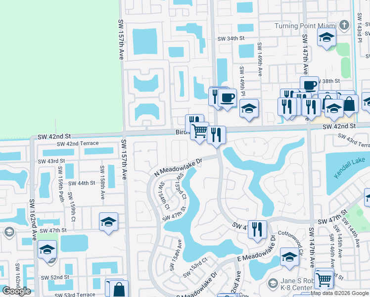 map of restaurants, bars, coffee shops, grocery stores, and more near 4269 Southwest 153rd Court in Miami