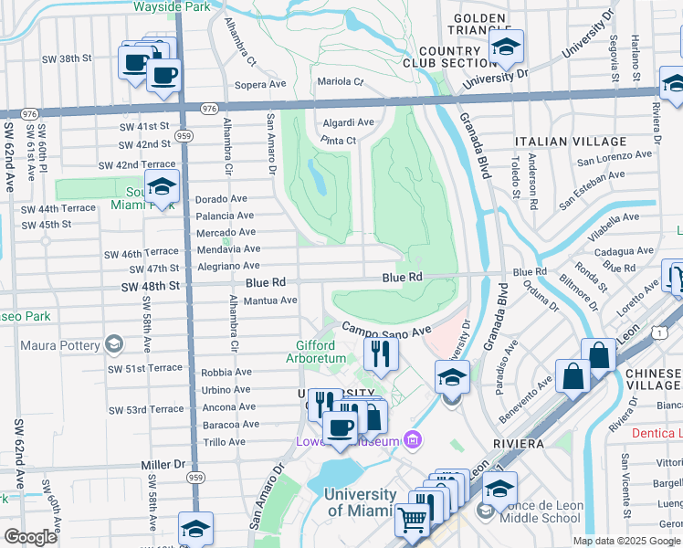 map of restaurants, bars, coffee shops, grocery stores, and more near 1325 Blue Road in Coral Gables