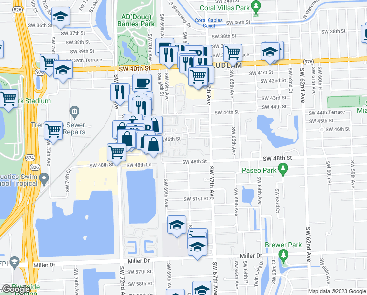 map of restaurants, bars, coffee shops, grocery stores, and more near 4708 Southwest 67th Avenue in Miami