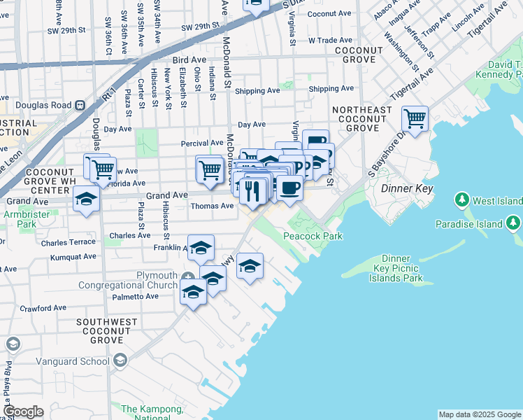 map of restaurants, bars, coffee shops, grocery stores, and more near 3105 Commodore Plaza in Miami