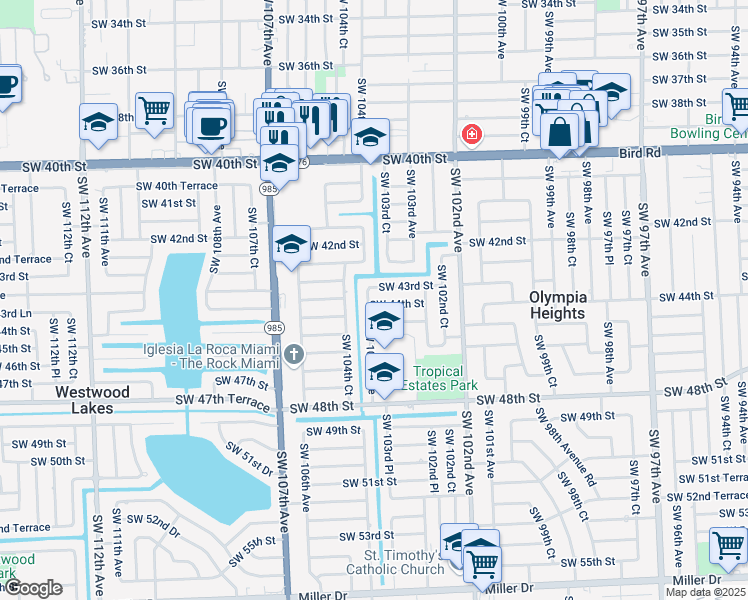map of restaurants, bars, coffee shops, grocery stores, and more near 10340 Southwest 44th Street in Miami