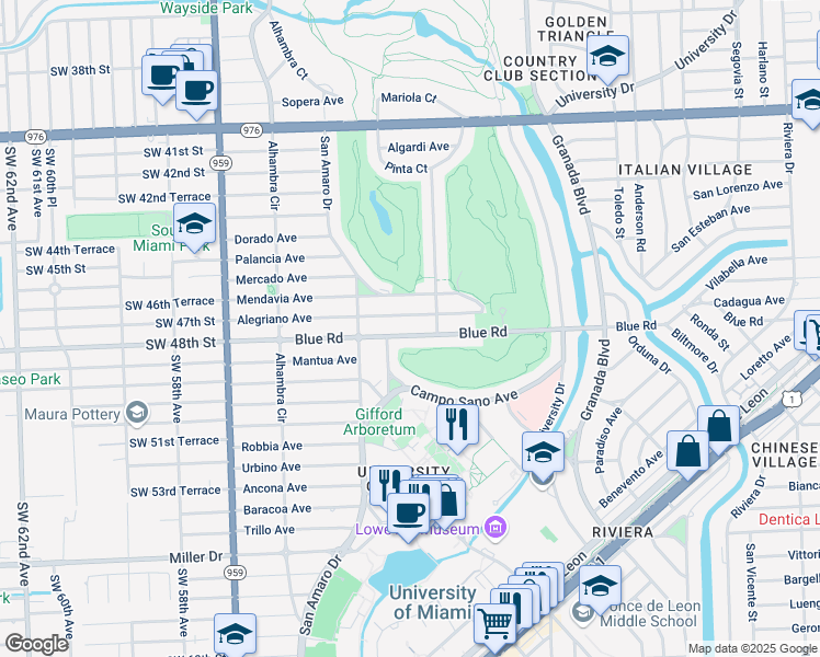 map of restaurants, bars, coffee shops, grocery stores, and more near 1325 Blue Road in Coral Gables