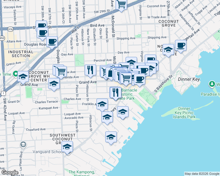 map of restaurants, bars, coffee shops, grocery stores, and more near 3341 William Avenue in Miami