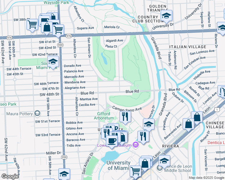 map of restaurants, bars, coffee shops, grocery stores, and more near 1310 Blue Road in Coral Gables