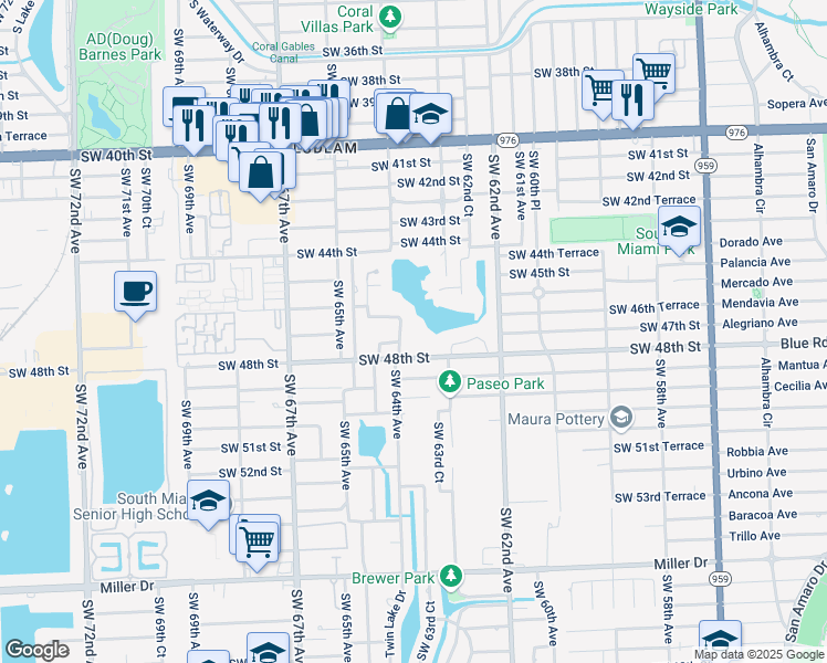 map of restaurants, bars, coffee shops, grocery stores, and more near 6375 Southwest 48th Street in Miami