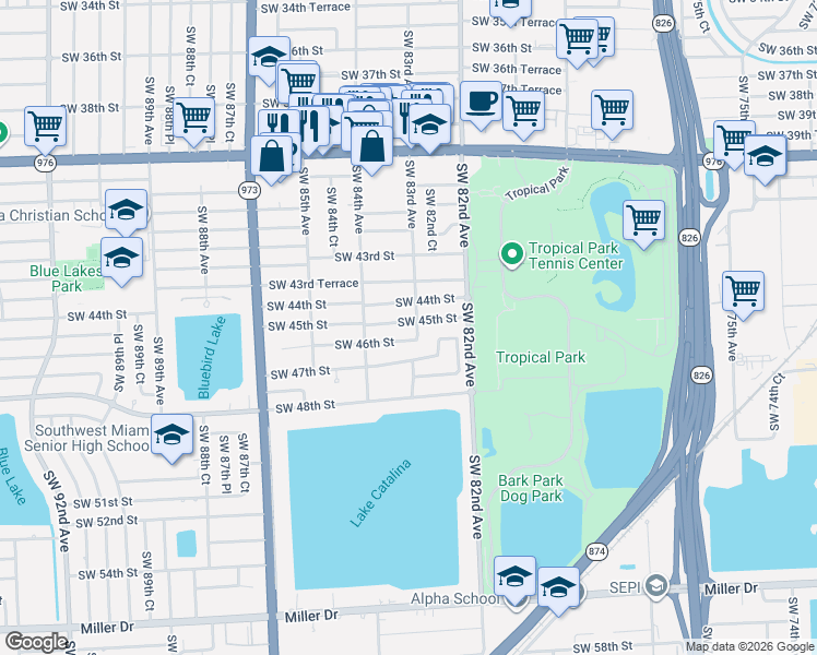 map of restaurants, bars, coffee shops, grocery stores, and more near 8290 Southwest 46th Street in Miami