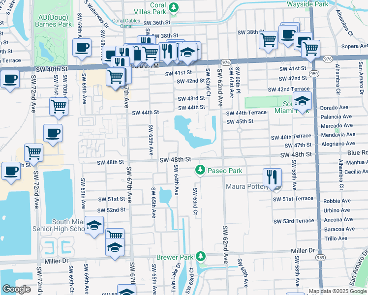 map of restaurants, bars, coffee shops, grocery stores, and more near 6375 Southwest 48th Street in Miami