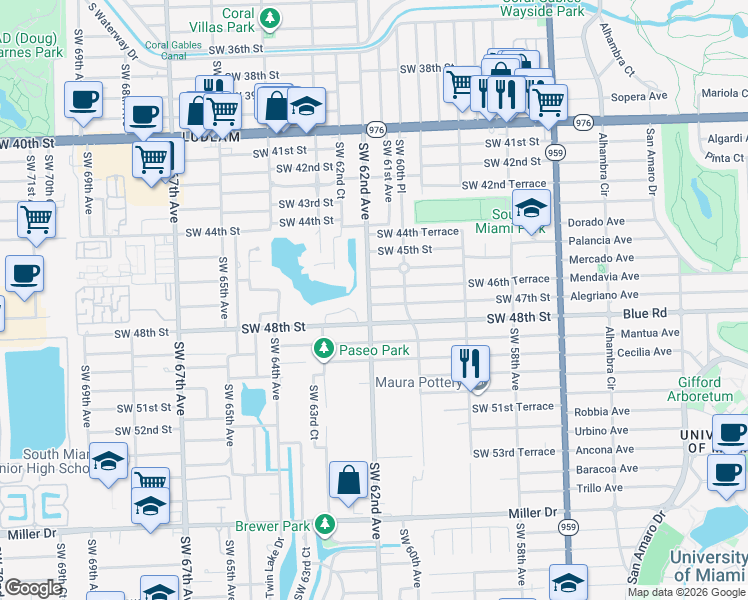 map of restaurants, bars, coffee shops, grocery stores, and more near 6101 Southwest 48th Street in Miami