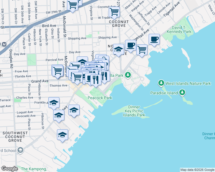 map of restaurants, bars, coffee shops, grocery stores, and more near 2951 South Bayshore Drive in Miami