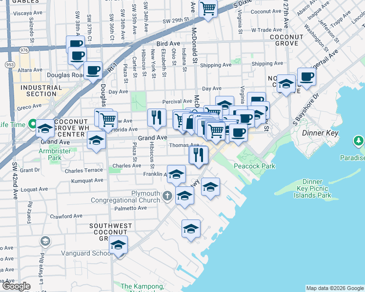 map of restaurants, bars, coffee shops, grocery stores, and more near 3341 William Avenue in Miami