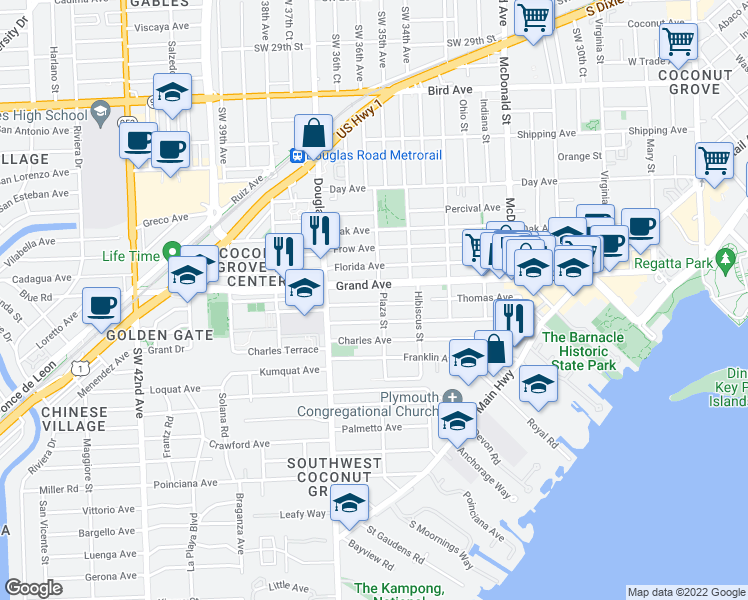 map of restaurants, bars, coffee shops, grocery stores, and more near 3617 William Avenue in Miami