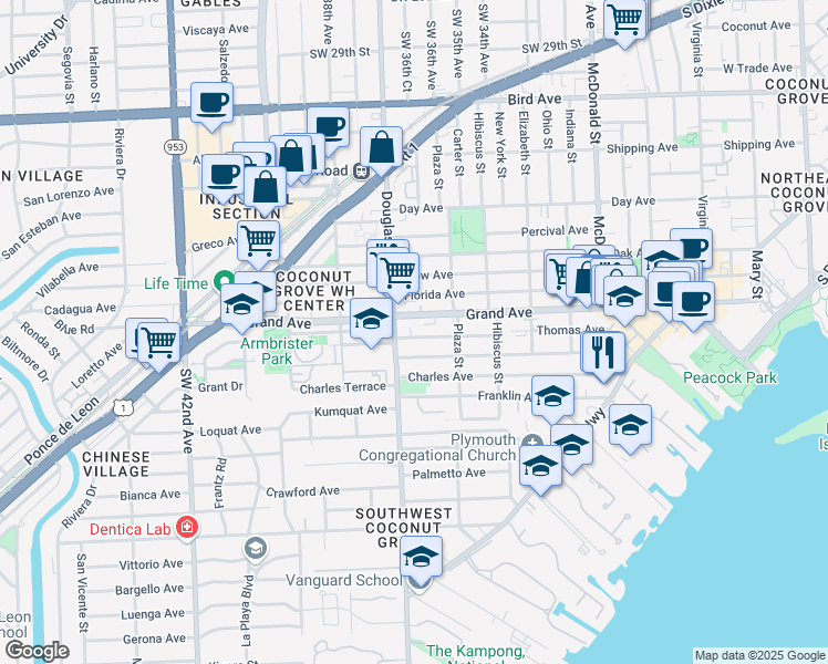 map of restaurants, bars, coffee shops, grocery stores, and more near 3661 Thomas Avenue in Miami