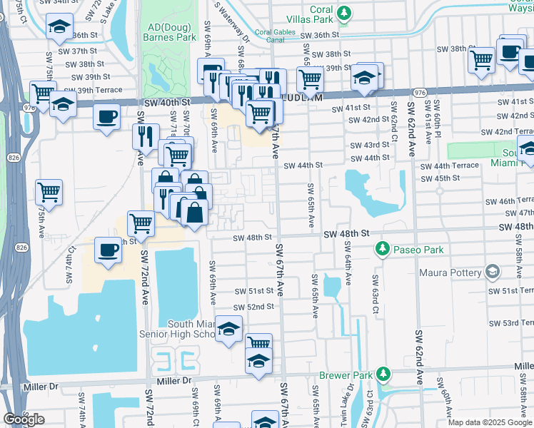 map of restaurants, bars, coffee shops, grocery stores, and more near 4702 Southwest 67th Avenue in Miami