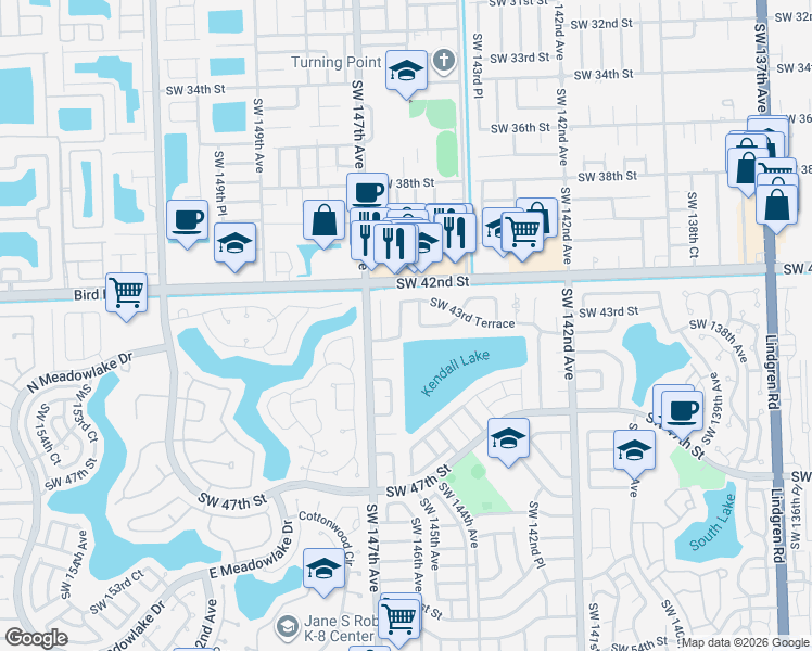 map of restaurants, bars, coffee shops, grocery stores, and more near 4393 Southwest 146th Avenue in Miami