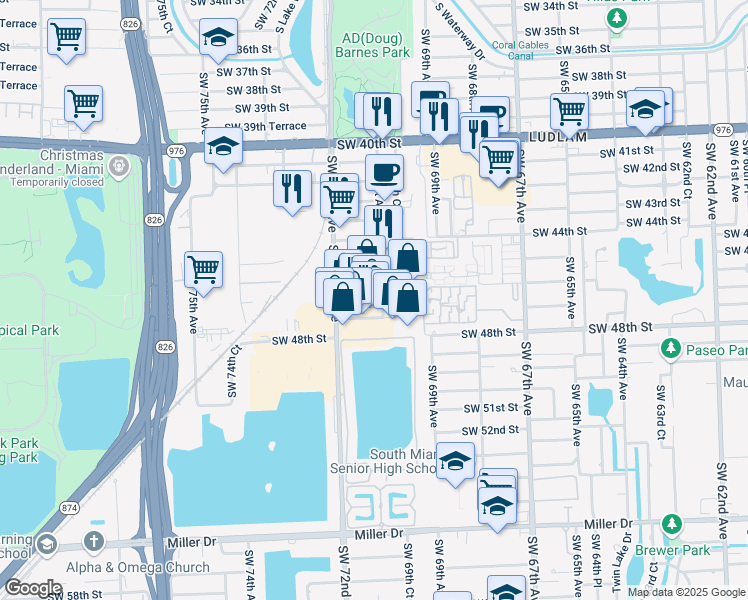 map of restaurants, bars, coffee shops, grocery stores, and more near 7059 Southwest 47th Street in Miami