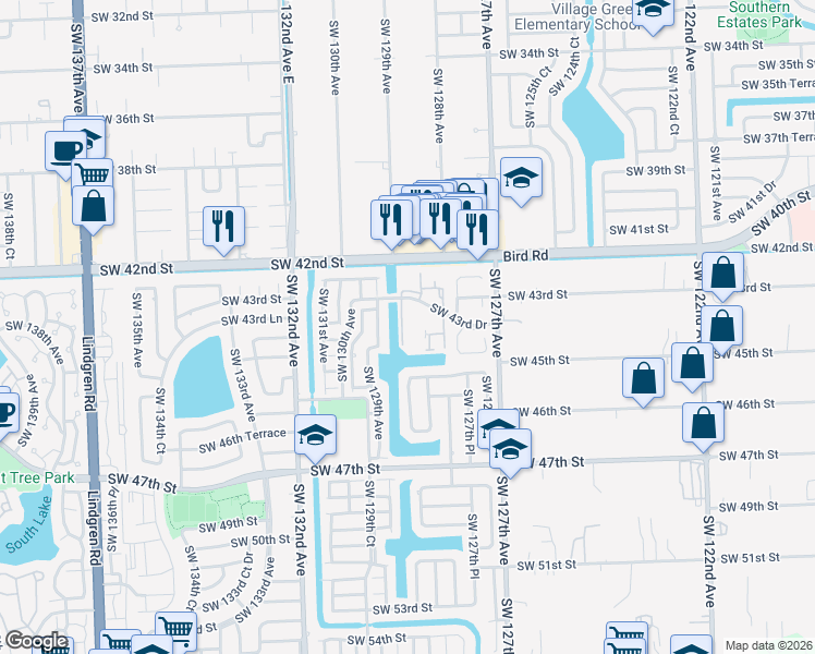 map of restaurants, bars, coffee shops, grocery stores, and more near 12860 Southwest 43rd Drive in Miami