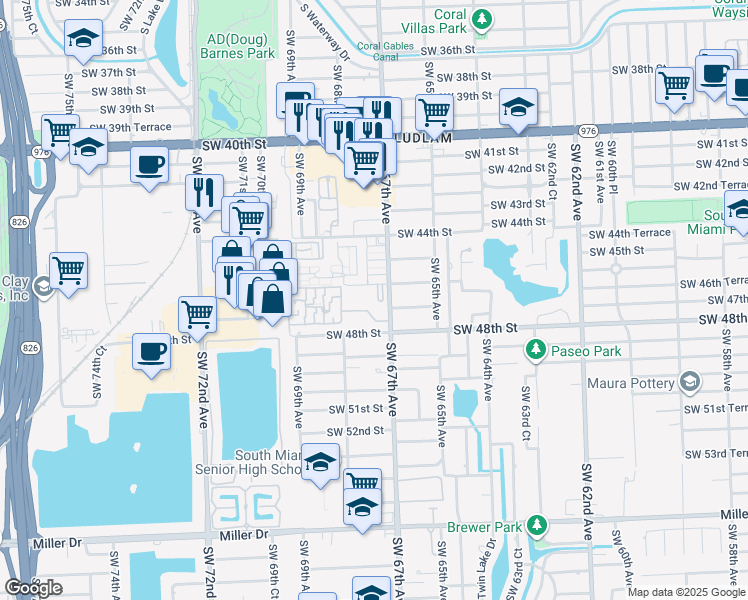 map of restaurants, bars, coffee shops, grocery stores, and more near 4702 Southwest 67th Avenue in Miami