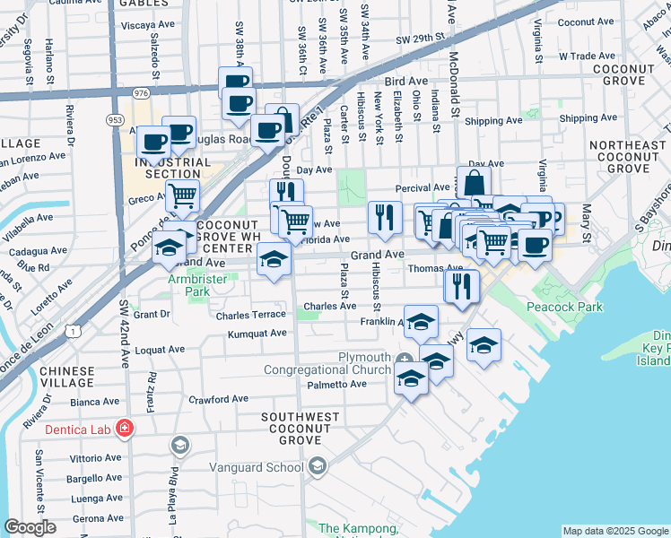 map of restaurants, bars, coffee shops, grocery stores, and more near 3617 William Avenue in Miami