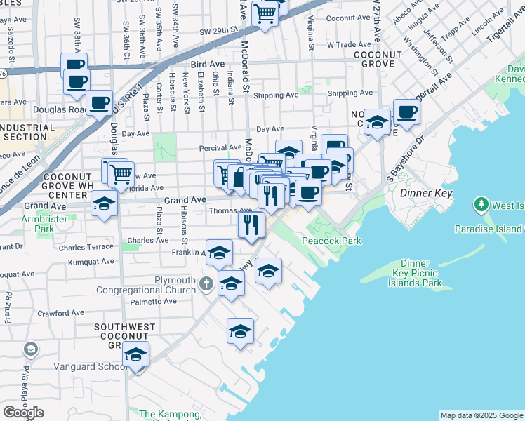 map of restaurants, bars, coffee shops, grocery stores, and more near 3229 William Avenue in Miami