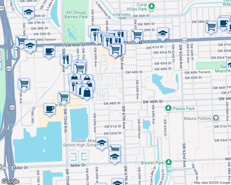 map of restaurants, bars, coffee shops, grocery stores, and more near 4702 Southwest 67th Avenue in Miami