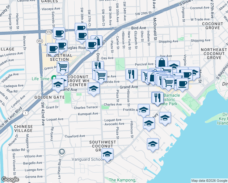 map of restaurants, bars, coffee shops, grocery stores, and more near 3617 William Avenue in Miami